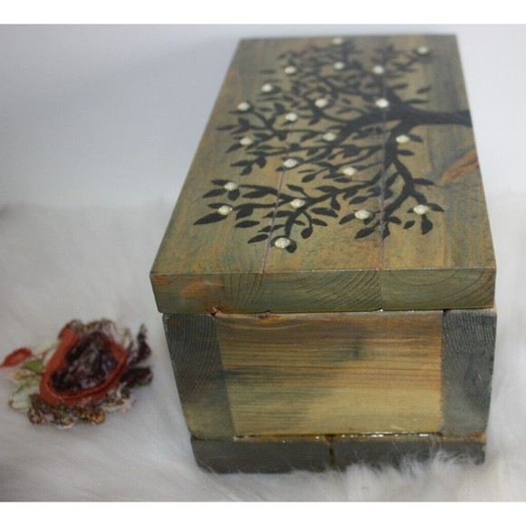 Tree Of Life Wooden Memory Box Handmade Rhinestone Embellished Stained GUC - Picture 8 of 10
